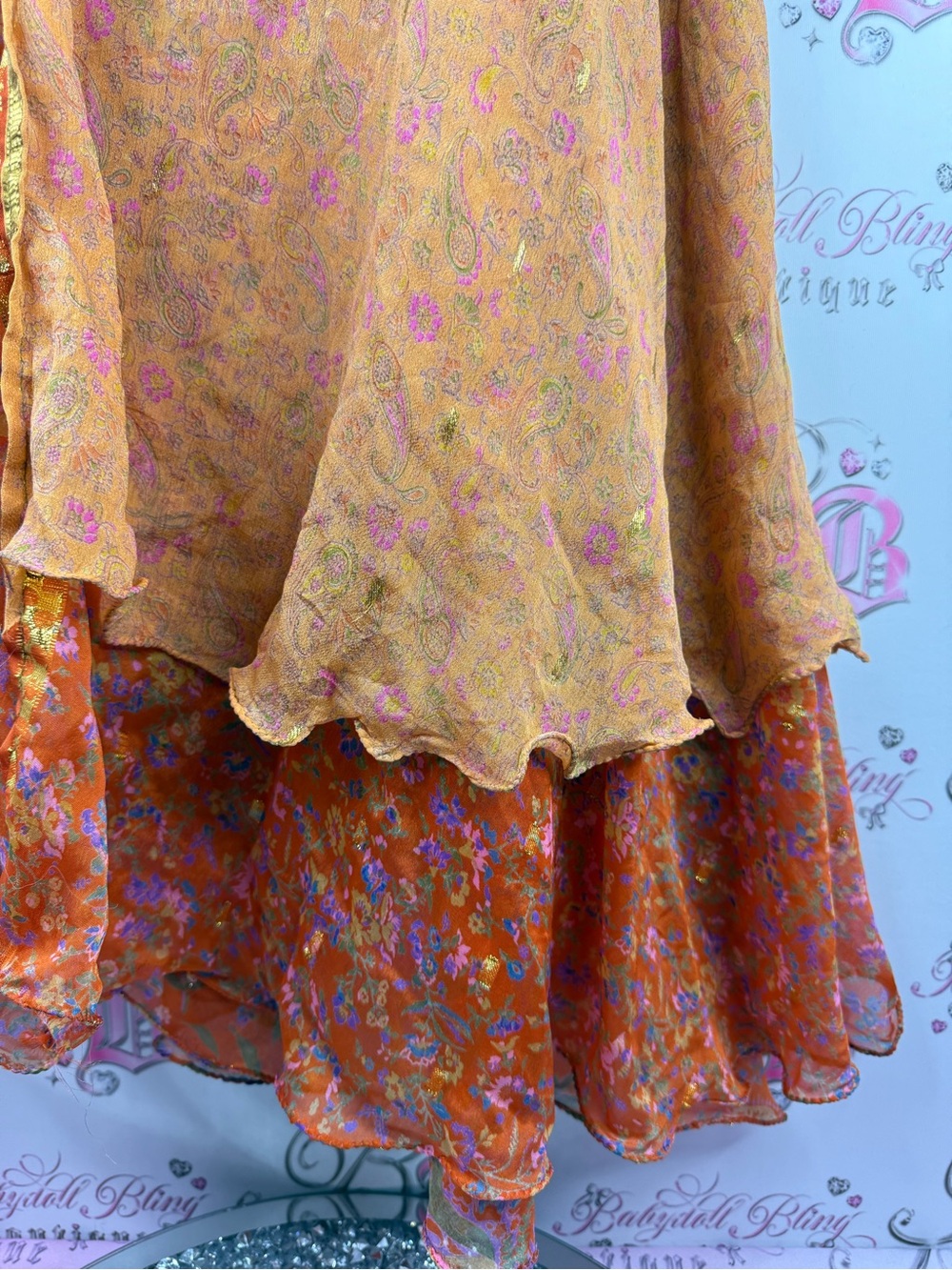 Silk skirt tie up paisley shiny goldBohemian Orange Floral Wrap Skirt - Picture 3 of 14